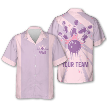 Custom Pink and Blue Retro Bowling Hawaiian Shirts For Men And Women, Custom Retro Bowling Team Shirts BE0053