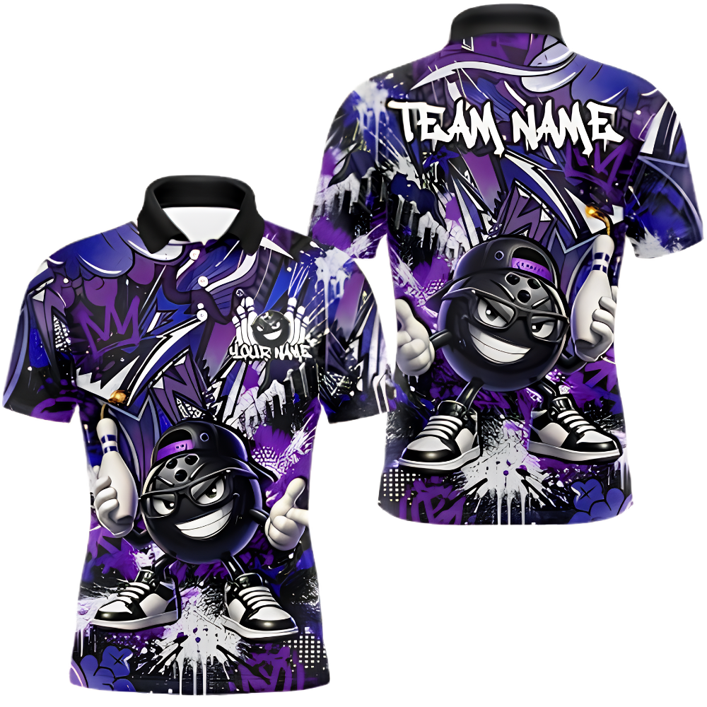 Custom Funny Ball Graffiti Bowling Polo Shirt Mens, Custom Team Bowling Shirts BZ0914
