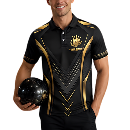 Black And Gold Custom Team Bowling Polo Shirt For Men, Custom Bowling Shirt BZ0965