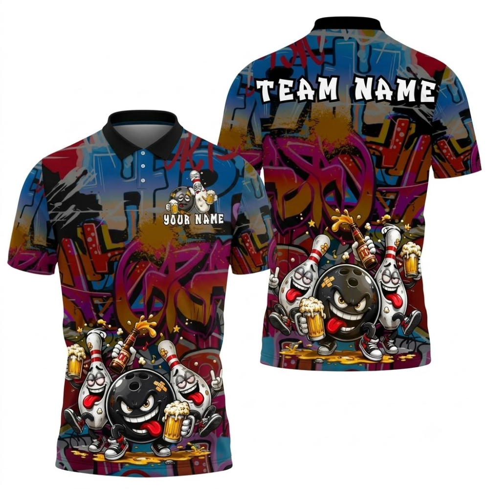 Funny Pins And Ball Custom Mens Graffiti Bowling Polo Shirt, Custom Funny Bowling Team Shirt BZ0866