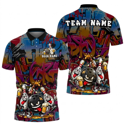 Funny Pins And Ball Custom Mens Graffiti Bowling Polo Shirt, Custom Funny Bowling Team Shirt BZ0866