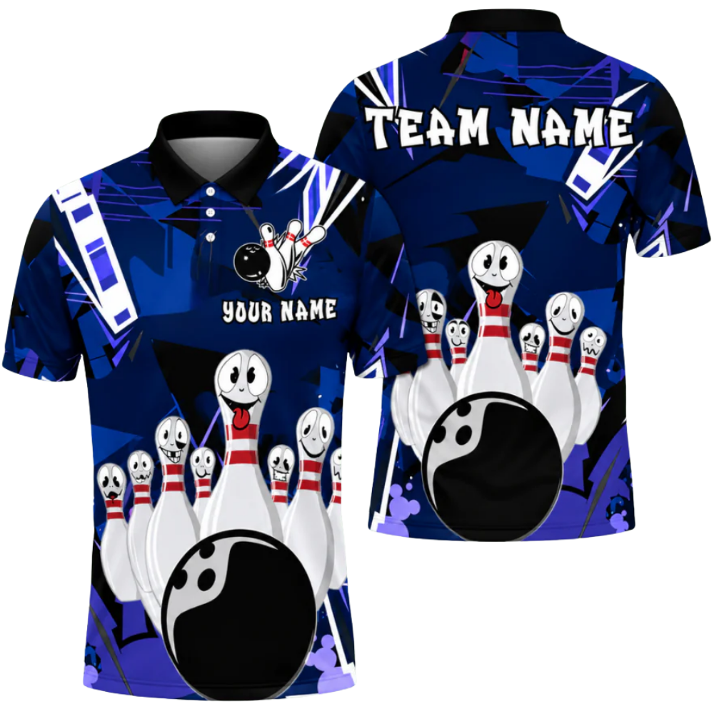 Funny Pins Custom Mens Bowling Polo Shirt Purple, Custom Fun Bowling Team Shirts BZ0476