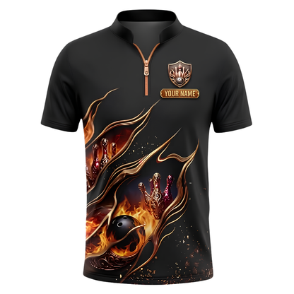 Custom Flame Bowling Mens Jersey Black And Gold, Custom Flame Bowling Team Shirt BZ0949