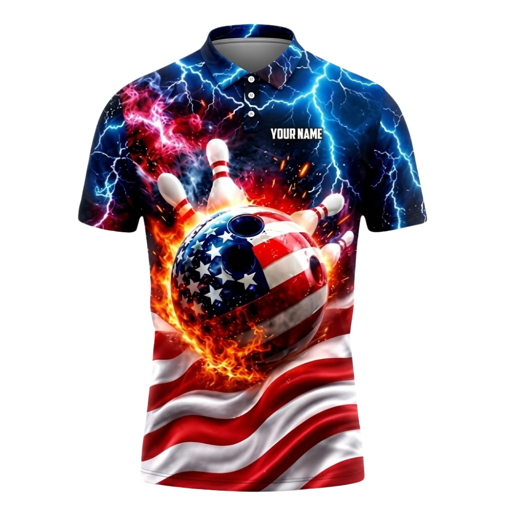 Custom Amrican Flag Ball Fire Bowling Polo Shirt For Men, Custom Patriotic Bowling Team Shirt BZ0997