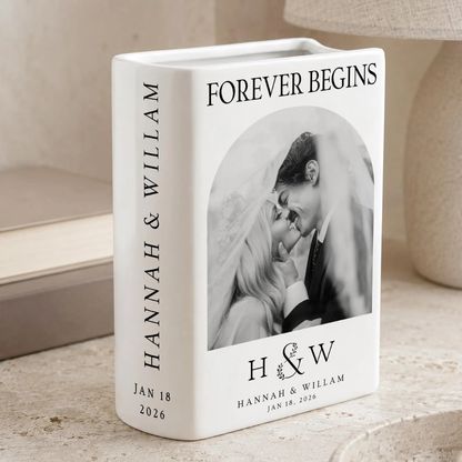 Forever Begins Custom Wedding Photo Ceramic Book Vase, Custom Wedding Book Vase With Picture WD0625