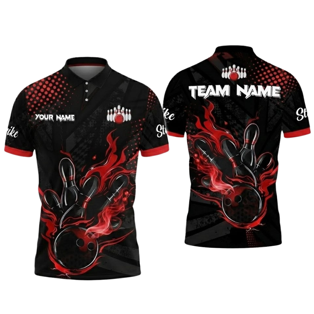 Custom Black And Teal Flame Bowling Polo Shirt For Men, Custom Flame Bowling Team Shirt BZ0846