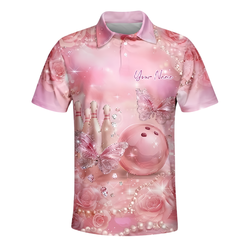 Custom Butterflies Pink Bowling Polo Shirt For Men, Custom Team Butterfly Bowling Shirt BZ1035