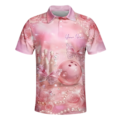 Custom Butterflies Pink Bowling Polo Shirt For Men, Custom Team Butterfly Bowling Shirt BZ1035
