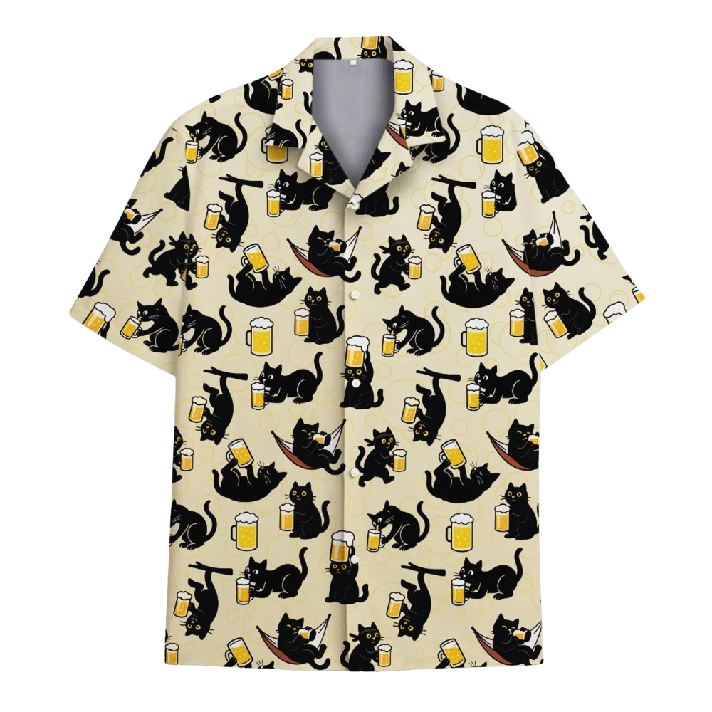 Black Cat And Beer Hawaiian Shirt For Men, Beer Cat Lover Hawaiian Shirt HE0715