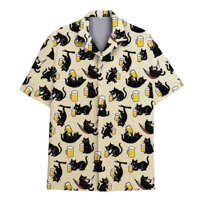 Black Cat And Beer Hawaiian Shirt For Men, Beer Cat Lover Hawaiian Shirt HE0715