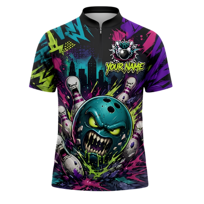 Custom Angry Ball And Pins Bowling Jersey Mens, Custom Team Graffiti Bowling Shirt BZ0917
