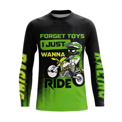 Forget Toys I Just Wanna Ride Custom Men's Green Black Dirt Bike Long Sleeve Racing Jersey, Custom Funny Dirt Bike Shirts MZ0152