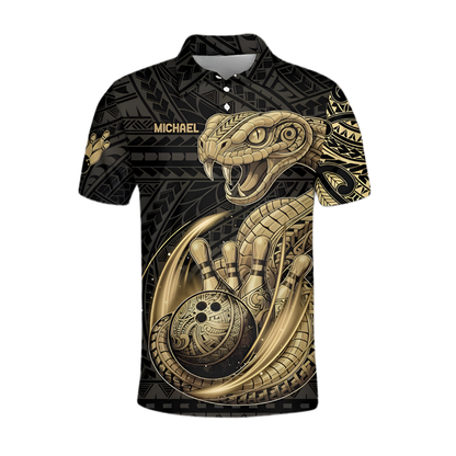 Custom Snake Black Gold Tribal Bowling Polo Shirt For Men, Custom Snake Bowling Team Shirts BZ0963
