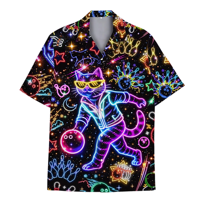 Neon Cat Bowling Hawaiian Shirt, Cat Lover Bowling Shirts BE0264