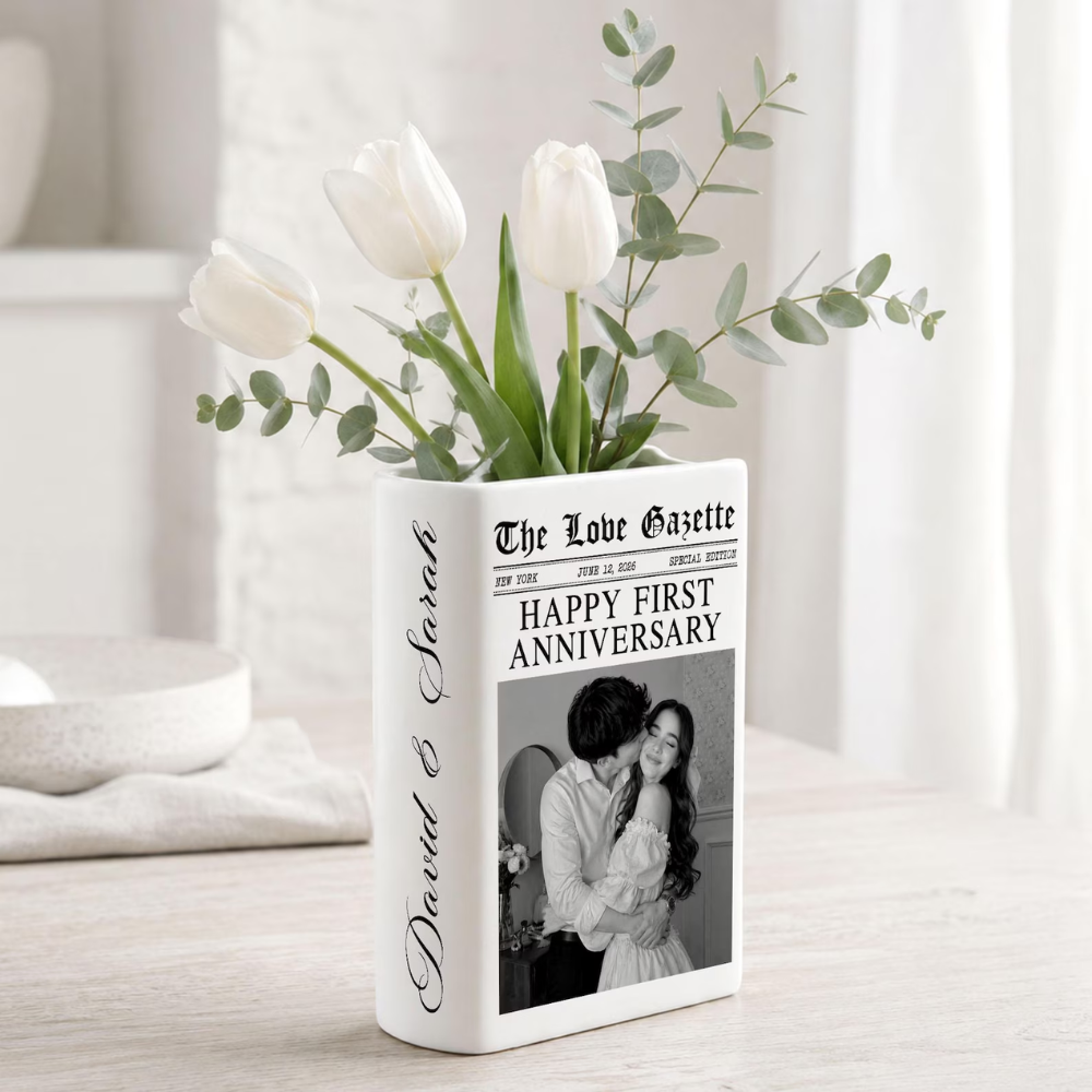 Happy First Anniversary Custom Photo Magazine Ceramic Book Vase For Couple, Custom 1st Wedding Anniversary Book Vase WD0637