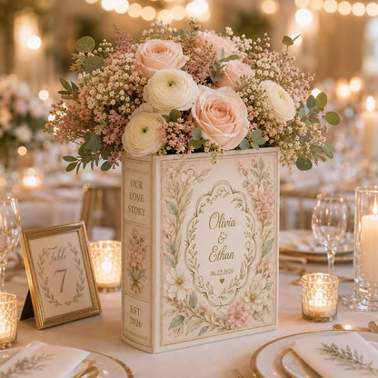 Custom Wedding Anniversary Engagement Bridal Shower Flower Ceramic Book Vase, Custom Wedding Floral Book Vase WD0619