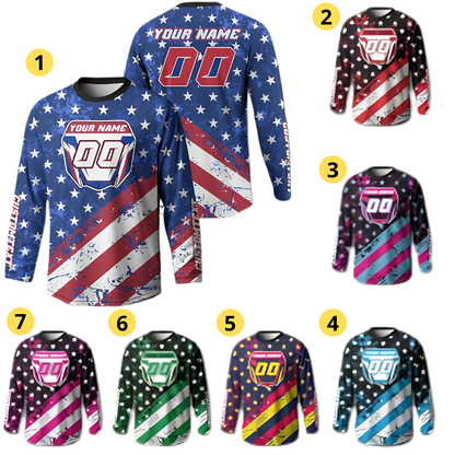 Custom Red White And Blue USA Flag Motocross Long Sleeve Jersey For Men, Custom Patriotic Dirt Bike Shirt MZ0126