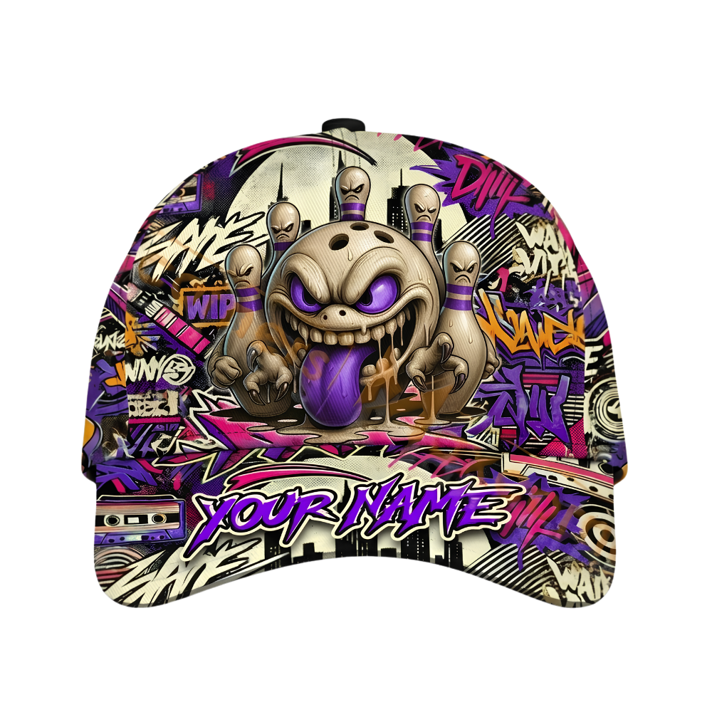 Custom Bowling Funny Pins And Ball Graffiti Baseball Cap, Custom Bowling Cap Hat CP0696
