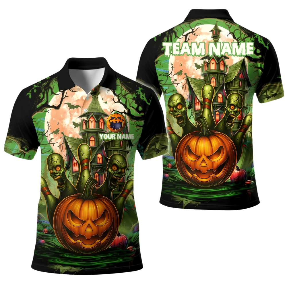 Custom Skull Pumpkin Bowling Polo Shirt For Men, Custom Halloween Bowling Team Shirt BE0249