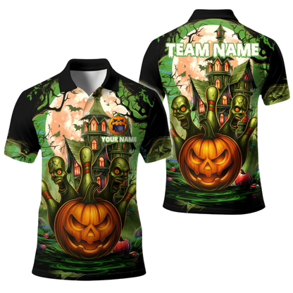 Custom Skull Pumpkin Bowling Polo Shirt For Men, Custom Halloween Bowling Team Shirt BE0249