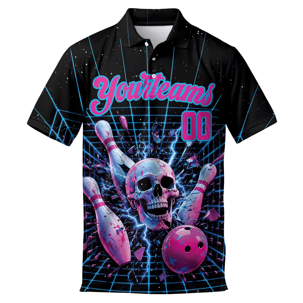 Custom Skull Bowling Mens Polo Shirt Black Pink, Custom SKull Bowling Team Shirts BE0248