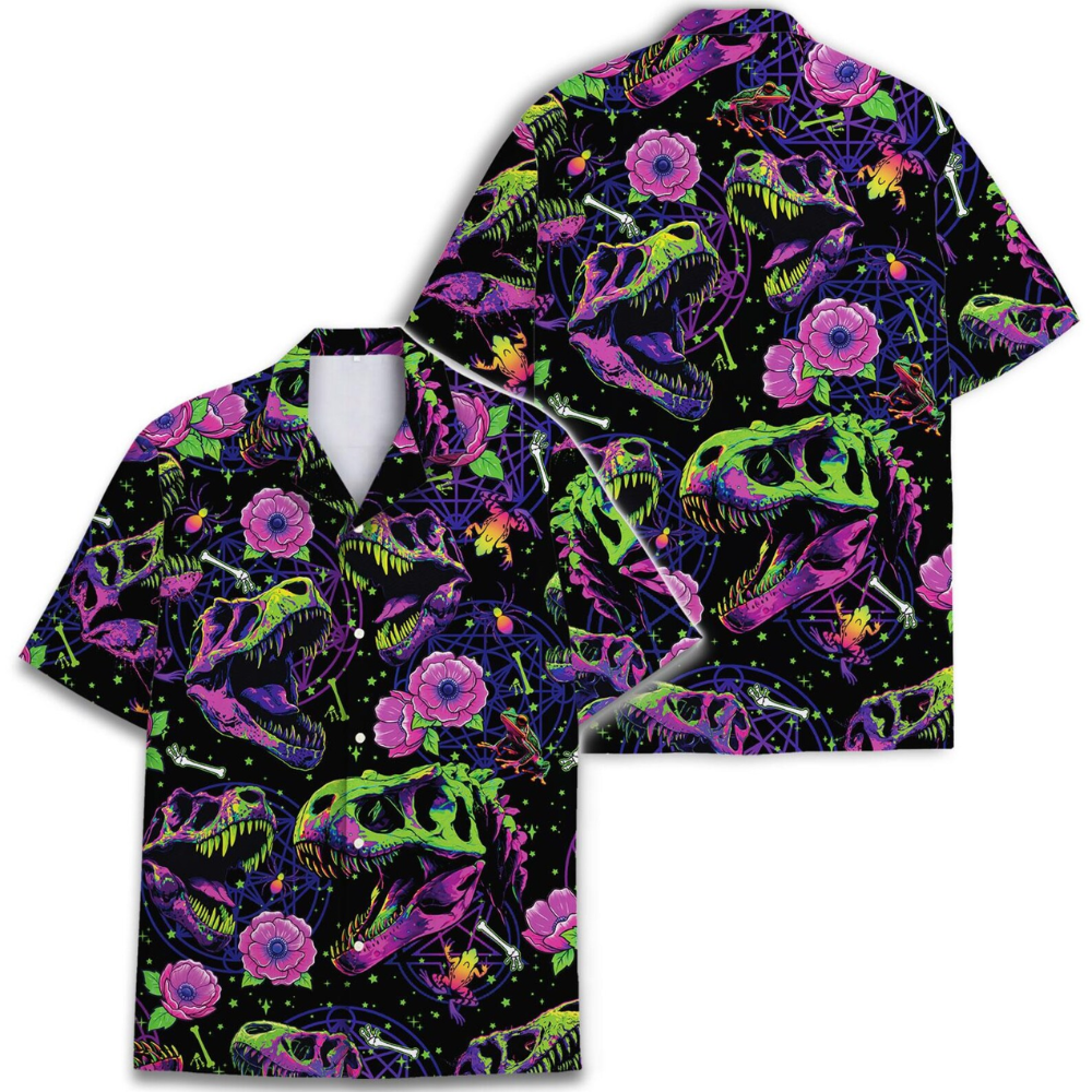 Dinosaur Skeleton Floral Hawaiian Shirt For Men, Skull Dinosaur Hawaiian Shirt HE0624