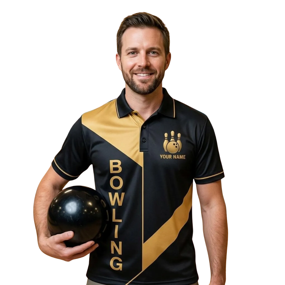 Custom Team Black And Gold Bowling Polo Shirt For Men, Custom Bowling Team Shirts BE0240