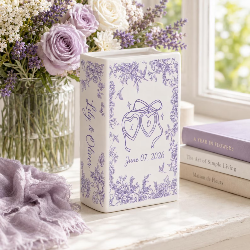 Personalized Toile De Jouy Wedding Engagement Ceramic Book Vase, Custom Monogram Couple Name Initials Wedding Book Vase WD0613