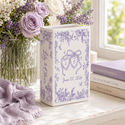 Personalized Toile De Jouy Wedding Engagement Ceramic Book Vase, Custom Monogram Couple Name Initials Wedding Book Vase WD0613