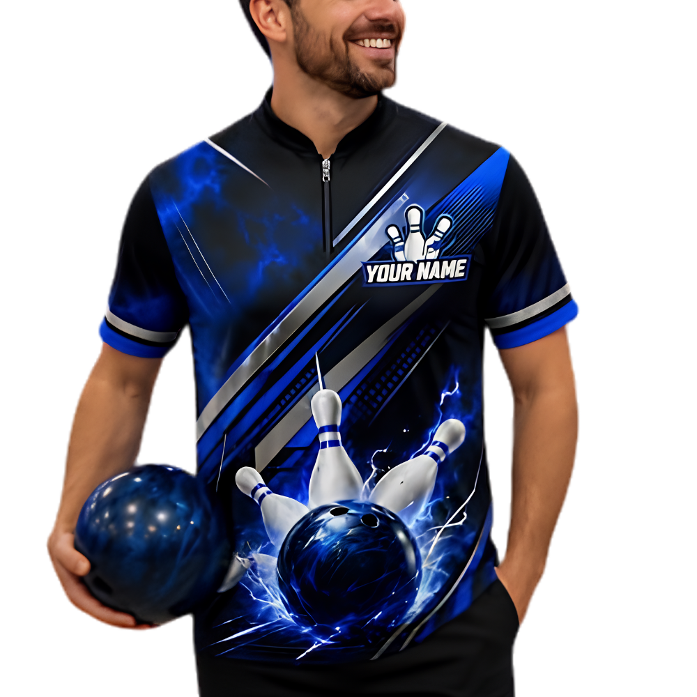 Custom Team Blue Lighting Bowling Jersey For Men, Custom Bowling Shirt BZ0947
