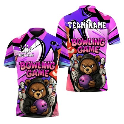 Angry Bear Custom Mens Bowling Polo Shirt, Custom Bear Team Bowling Shirts BZ0856