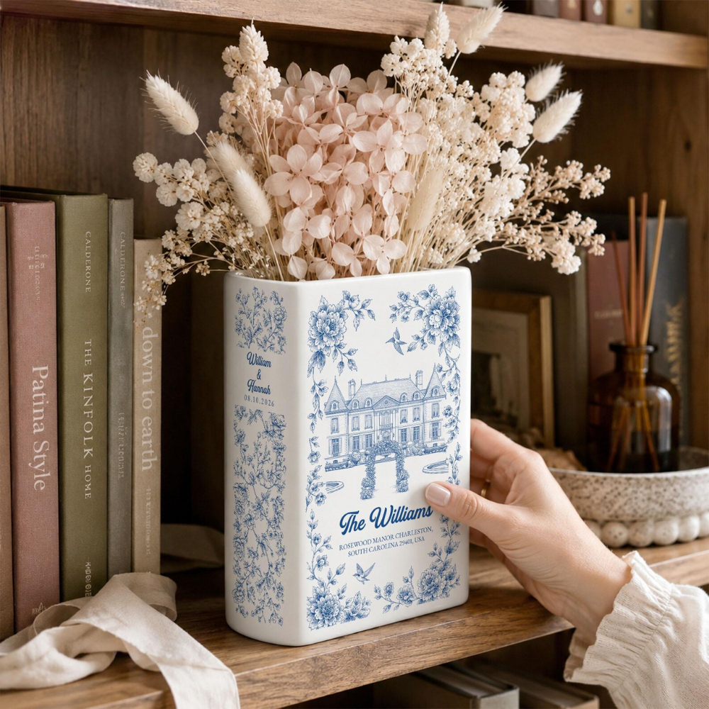 Personalized Wedding Venue Photo Toile de Jouy Ceramic Book Vase, Custom Photo Destination Wedding Book Vase WD0645
