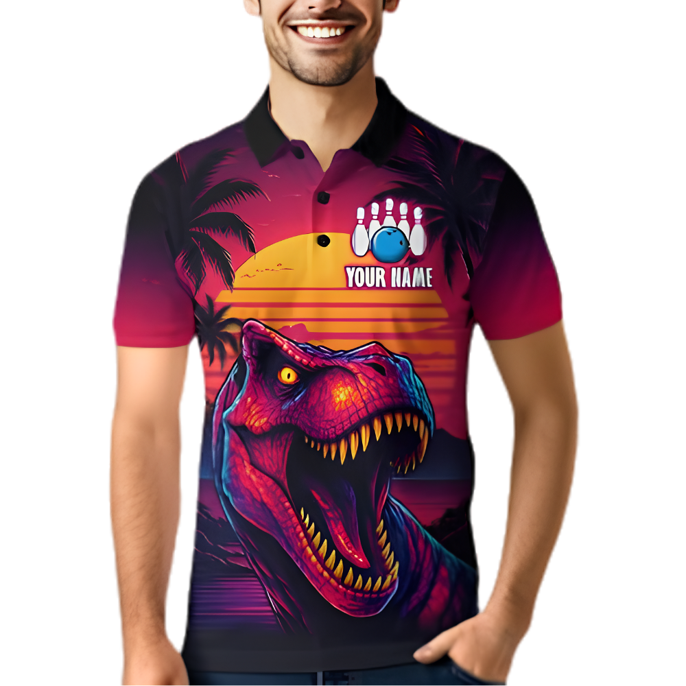 Dinosaur Sunset Custom Bowling Polo Shirt For Men, Custom Dinosaur Bowling Team Shirt BZ0879