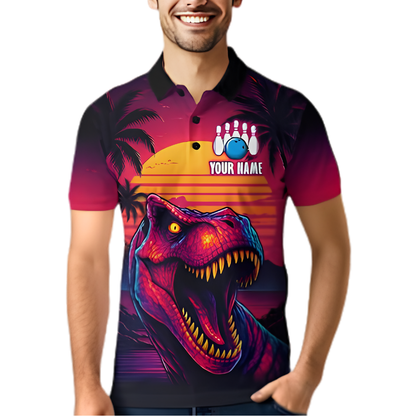 Dinosaur Sunset Custom Bowling Polo Shirt For Men, Custom Dinosaur Bowling Team Shirt BZ0879