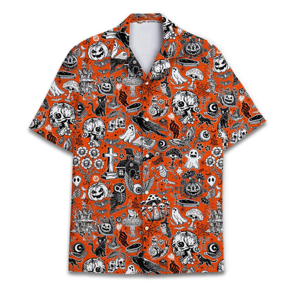 Skeleton Pumpkin Ghost Hawaiian Shirt, Halloween Skull Hawaiian Shirt HE0729