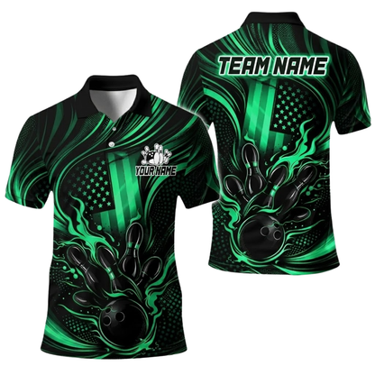 Custom Black And Pink Flame Mens American Flag Bowling Polo Shirt, Custom Flame Bowling Team Shirts BE0220