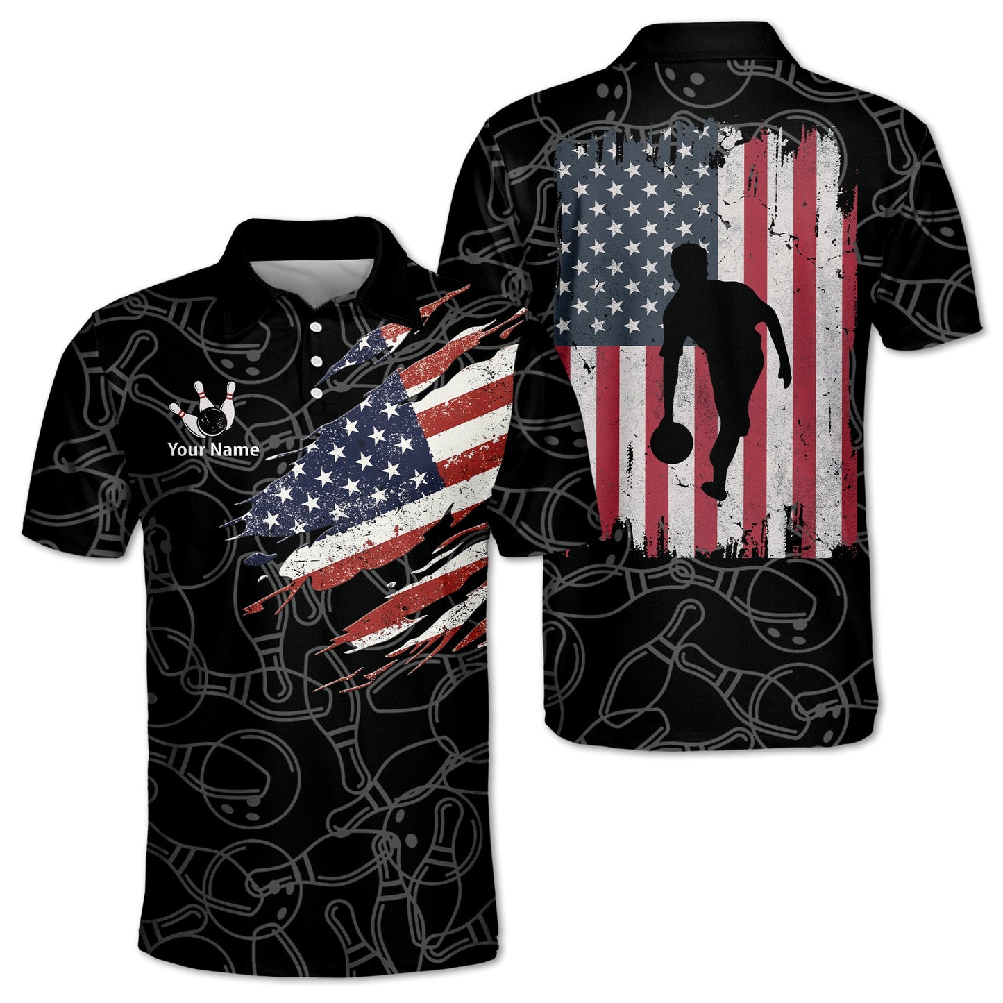 Custom American Flag Bowling Polo Shirts For Men, Custom Patriotic Bowling Shirts BM0323