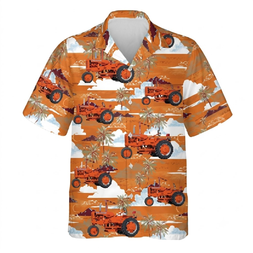 Tractor Orange Tropical Men's Hawaiian Shirt, Tractor Farmer Hawaiian Shirt HE0758