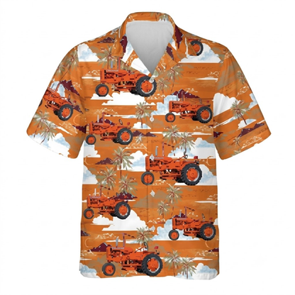 Tractor Orange Tropical Men's Hawaiian Shirt, Tractor Farmer Hawaiian Shirt HE0758