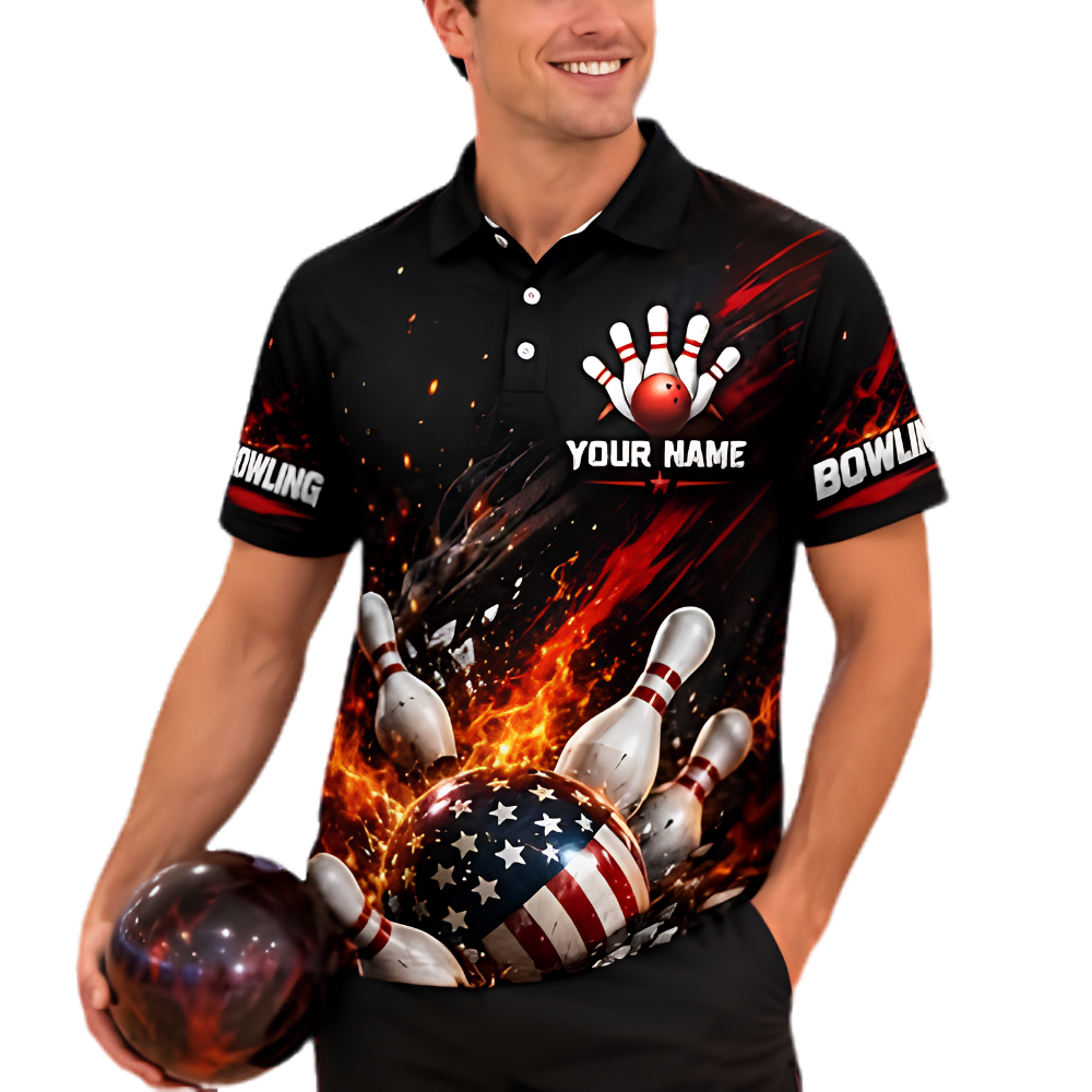 American Flag Ball Custom Fire Bowling Polo Shirt For Men, Custom Patriotic Bowling Team Shirt BZ0968