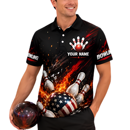 American Flag Ball Custom Fire Bowling Polo Shirt For Men, Custom Patriotic Bowling Team Shirt BZ0968