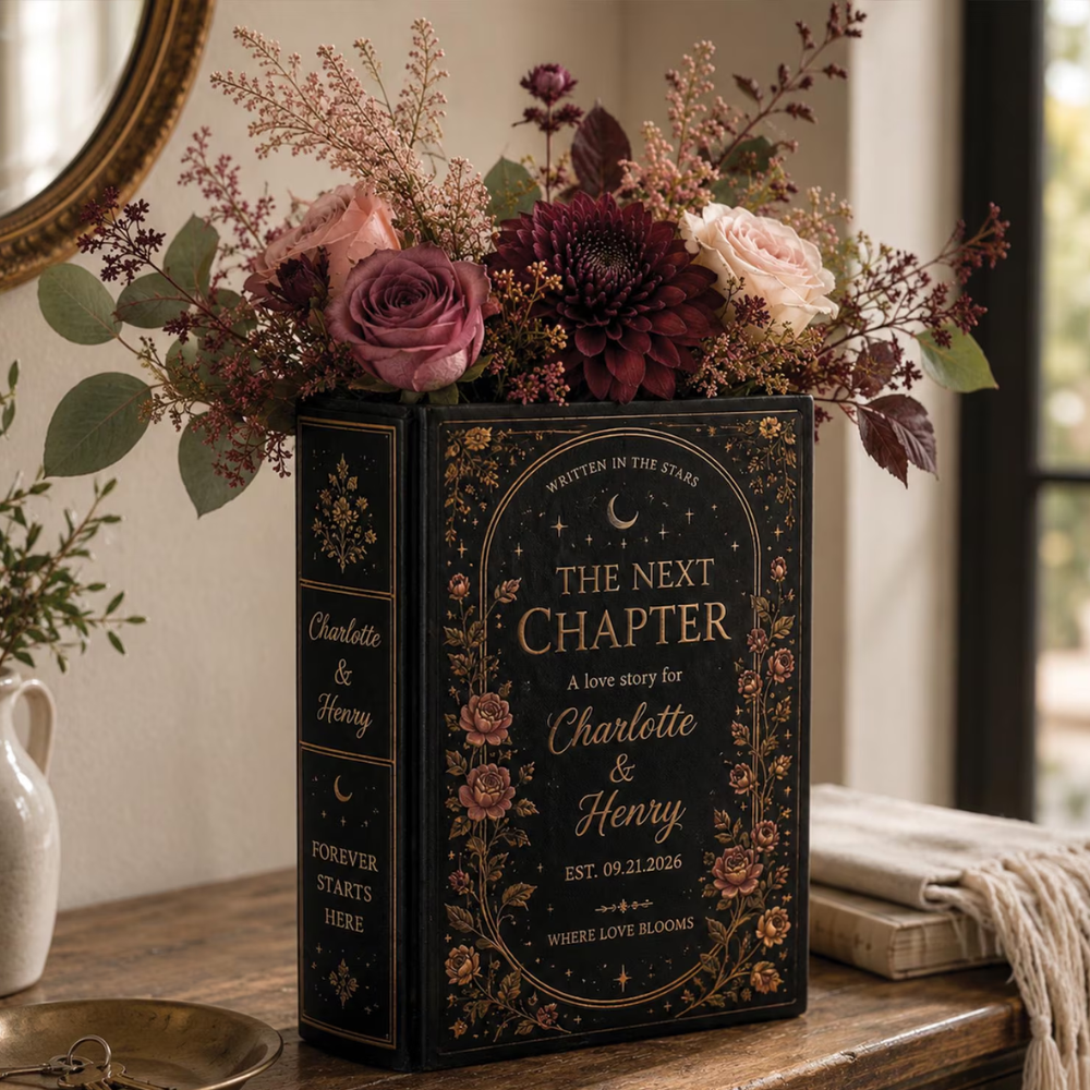 Personalized The Next Chapter Gothic Wedding Ceramic Book Vase, Custom Wedding Engagement Gothic Book Vase WD0605