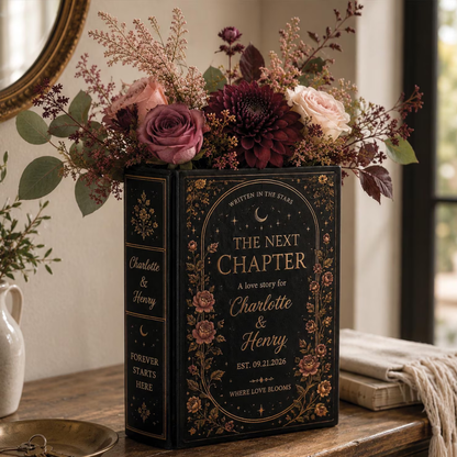 Personalized The Next Chapter Gothic Wedding Ceramic Book Vase, Custom Wedding Engagement Gothic Book Vase WD0605