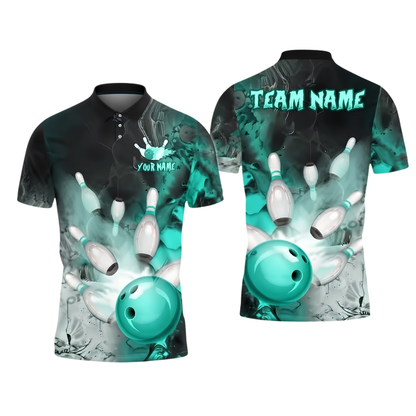 Custom Team Blue Smoke Bowling Polo Shirt For Men, Custom Bowling Shirt BZ1020