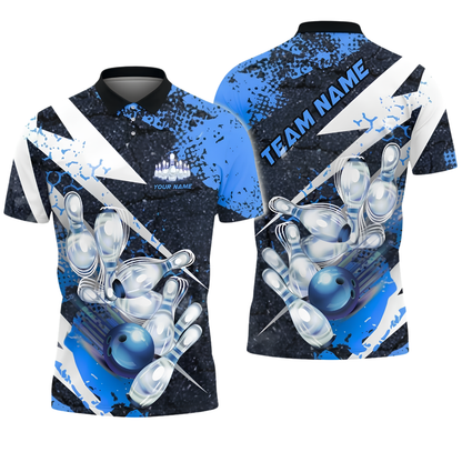 Custom Team Navy Yellow Grunge Bowling Polo Shirt, Custom Bowling Team Shirt BZ1019