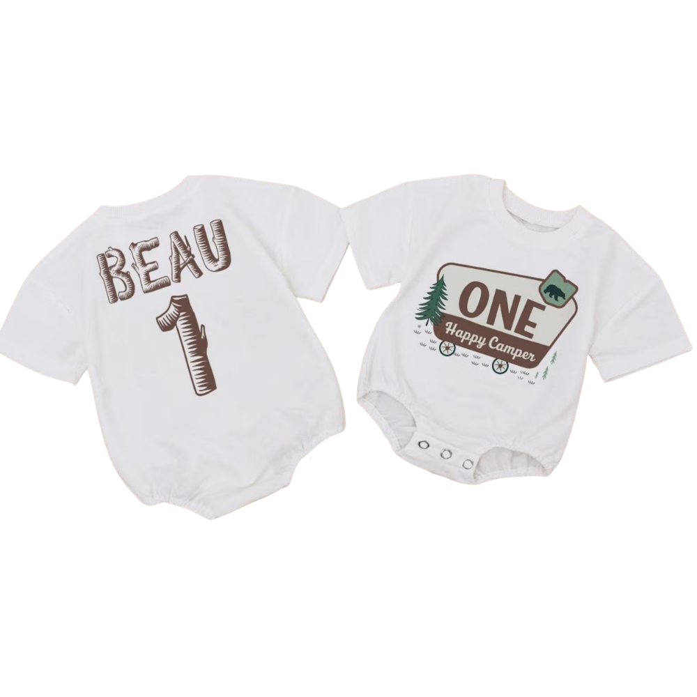 Custom One Happy Camper Baby T-Shirt Romper, Custom 1st Birthday Baby Romper BB0023