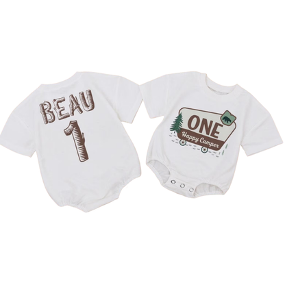 Custom One Happy Camper Baby T-Shirt Romper, Custom 1st Birthday Baby Romper BB0023