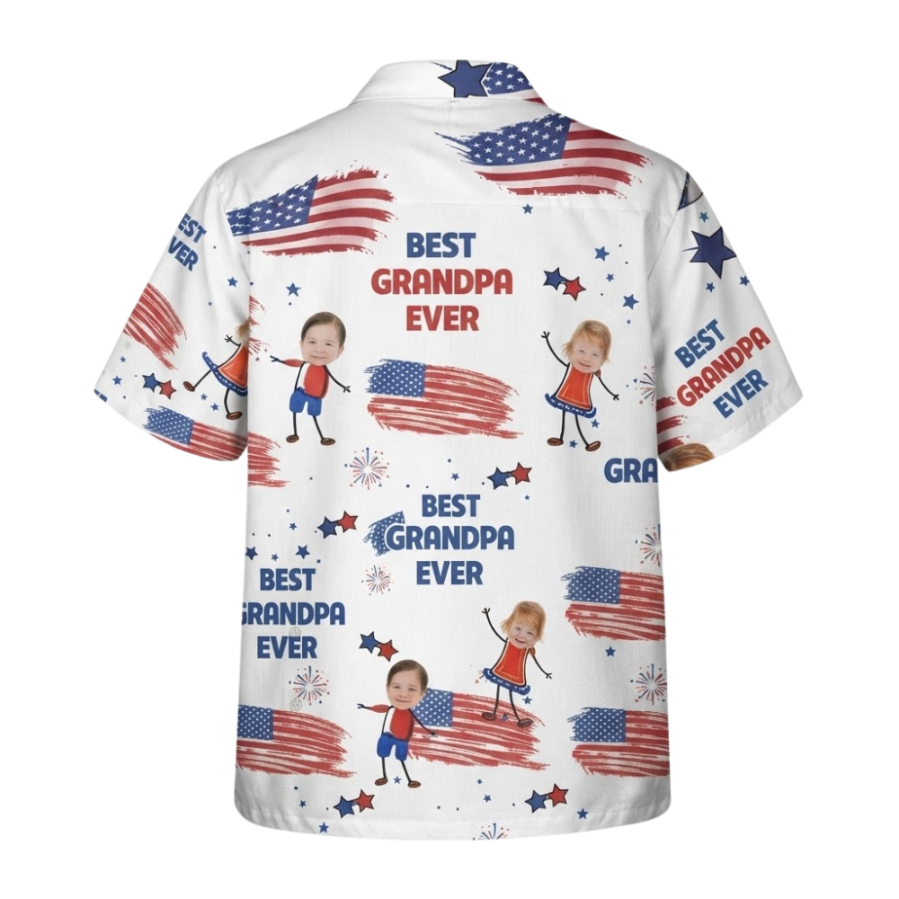 Best Grandpa Ever Custom Kid Faces USA Flag Hawaiian Shirt, Personalized Photo Hawaiian Shirt For Grandpa HE0561