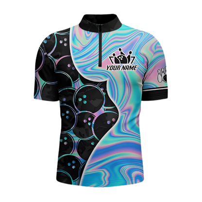 Custom Team Hologram Bowling Jersey For Men, Custom Bowling Shirt Black Cyan BZ0889