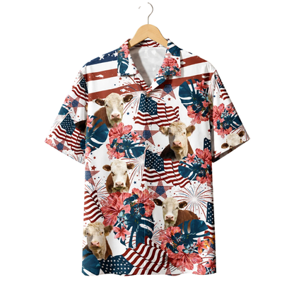 Hereford Cow USA Flag Hawaiian Shirt For Men, Cow Lover Patriotic Hawaiian Shirt HE0697
